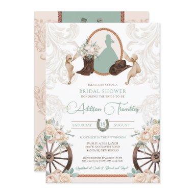 Western White Rose Floral Sage Green Bridal Shower Invitations