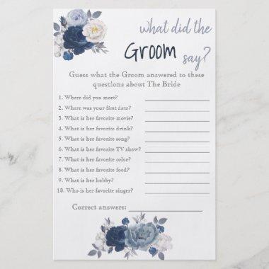 What did the Groom say? Blue Flower Shower Game Flyer
