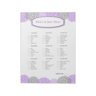 What's in your purse Purple Gray Dahlia Game Notepad