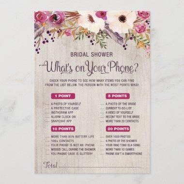 What's on Your Phone Rustic Bridal Shower Game Invitations