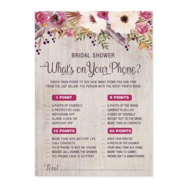 What's on Your Phone Rustic Bridal Shower Game Invitations