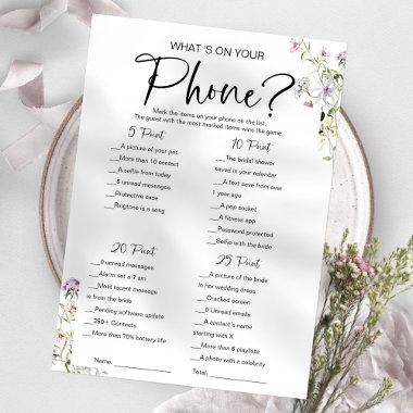 What's On Your Phone Wildflower Bridal Shower Game Invitations