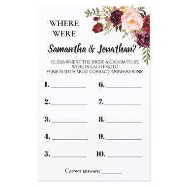 Where were They Marsala Flowers Bridal Shower Game