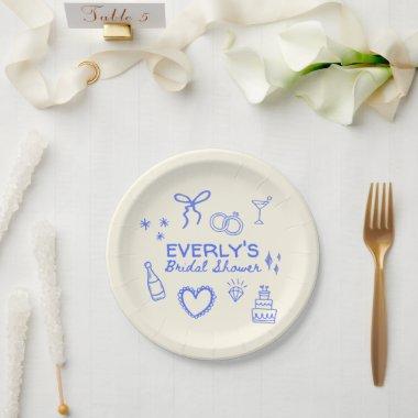 Whimsical Blue Sketch Unique Bridal Shower Paper Plates