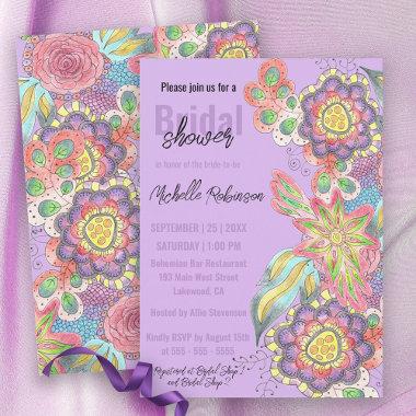 Whimsical Bohemian Colorful Flowers Bridal Shower Invitations