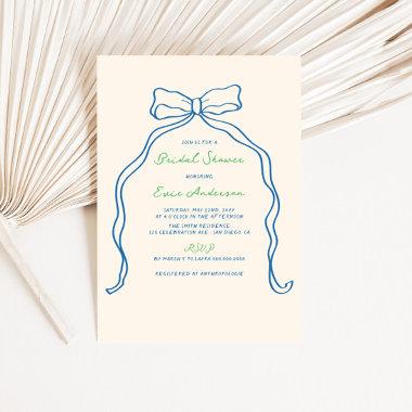 Whimsical Bow Blue Green Handwritten Bridal Shower Invitations