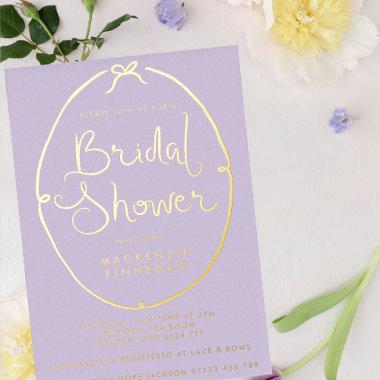 Whimsical Bow Lilac & Gold Bridal Shower Foil Invitations
