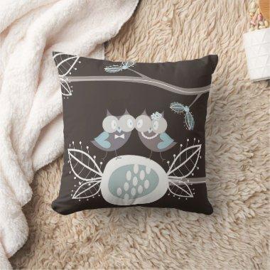 Whimsical Bride & Groom Blue Wedding Owls On Tree Throw Pillow