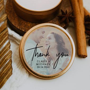 Whimsical Calligraphy | Photo Back Thank You Favor Classic Round Sticker