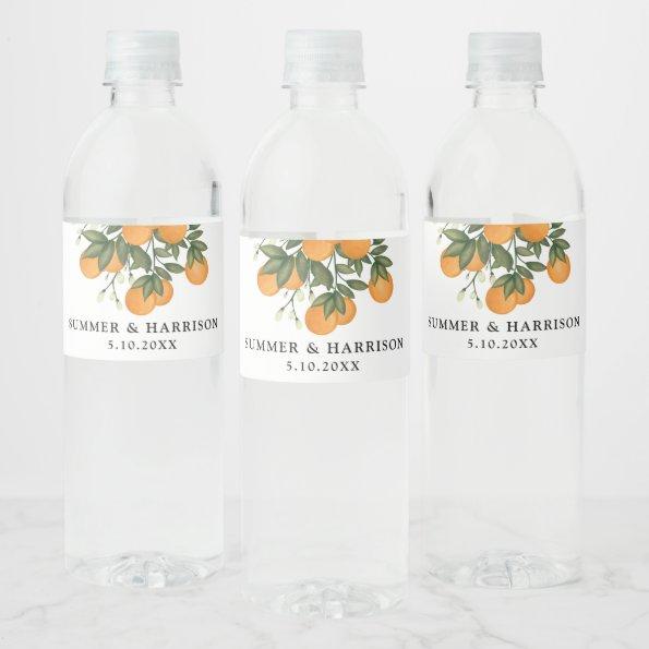 Whimsical Citrus Greenery Botanical Orange Wedding Water Bottle Label