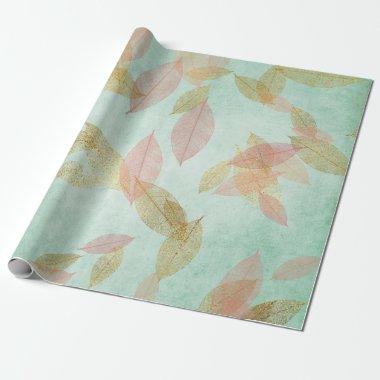 Whimsical Coral Gold Falling Leafs Mint Green Wrapping Paper