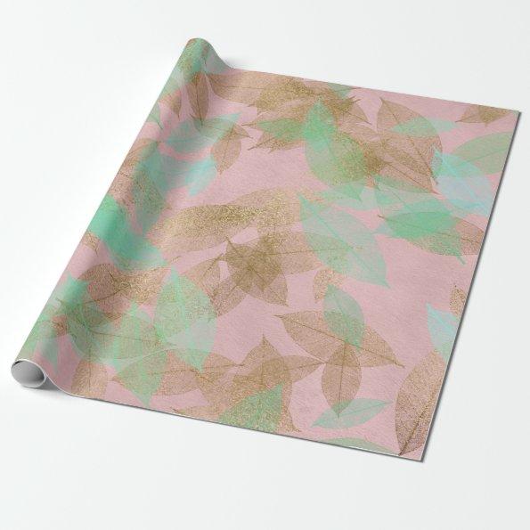 Whimsical Coral Gold Falling Leafs Pink Wrapping Paper