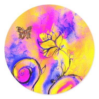 WHIMSICAL FLOWERS AND GOLD BUTTERFLY CLASSIC ROUND STICKER