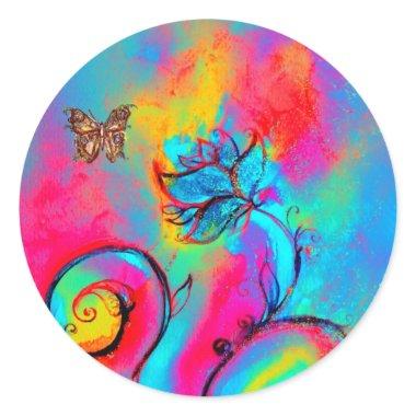 WHIMSICAL FLOWERS AND GOLD BUTTERFLY CLASSIC ROUND STICKER