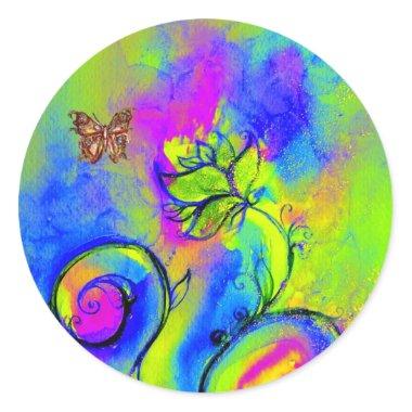 WHIMSICAL FLOWERS AND GOLD BUTTERFLY CLASSIC ROUND STICKER