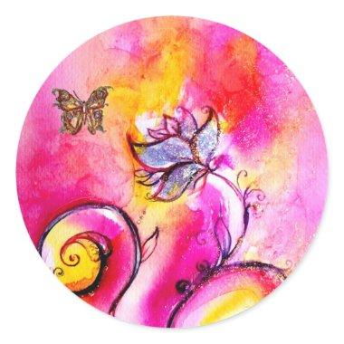 WHIMSICAL FLOWERS AND GOLD BUTTERFLY CLASSIC ROUND STICKER