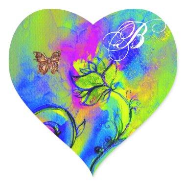 WHIMSICAL FLOWERS AND GOLD BUTTERFLY MONOGRAM HEART STICKER
