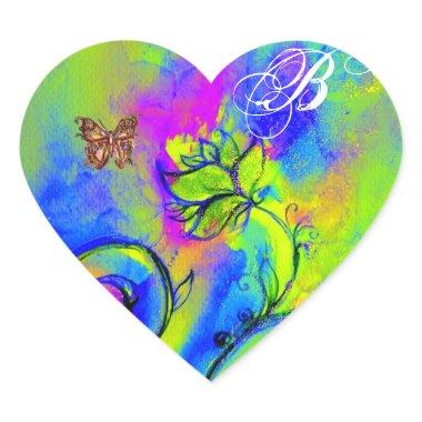 WHIMSICAL FLOWERS AND GOLD BUTTERFLY MONOGRAM HEART STICKER