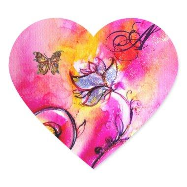 WHIMSICAL FLOWERS AND GOLD BUTTERFLY MONOGRAM HEART STICKER