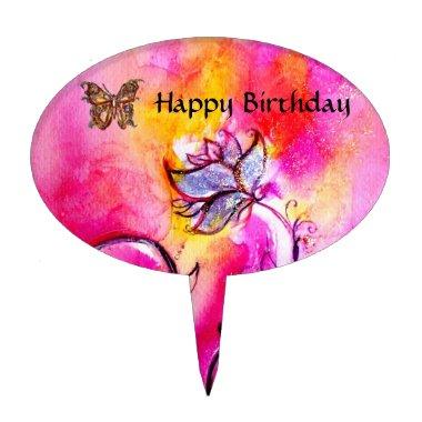 WHIMSICAL FLOWERS & BUTTERFLIES pink blue yellow Cake Topper