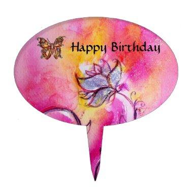 WHIMSICAL FLOWERS & BUTTERFLIES pink blue yellow Cake Topper