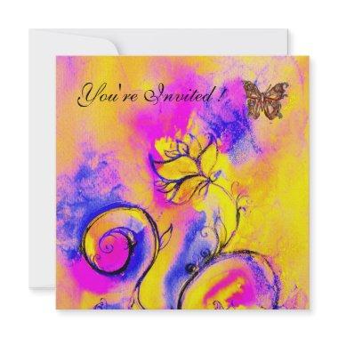 WHIMSICAL FLOWERS & BUTTERFLIES pink blue yellow Invitations