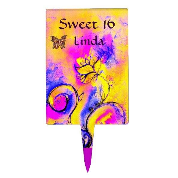 WHIMSICAL FLOWERS & BUTTERFLIES pink yellow blue Cake Topper