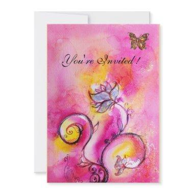 WHIMSICAL FLOWERS & BUTTERFLIES pink yellow Invitations