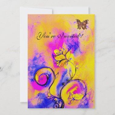 WHIMSICAL FLOWERS & BUTTERFLIES purple yellow pink Invitations