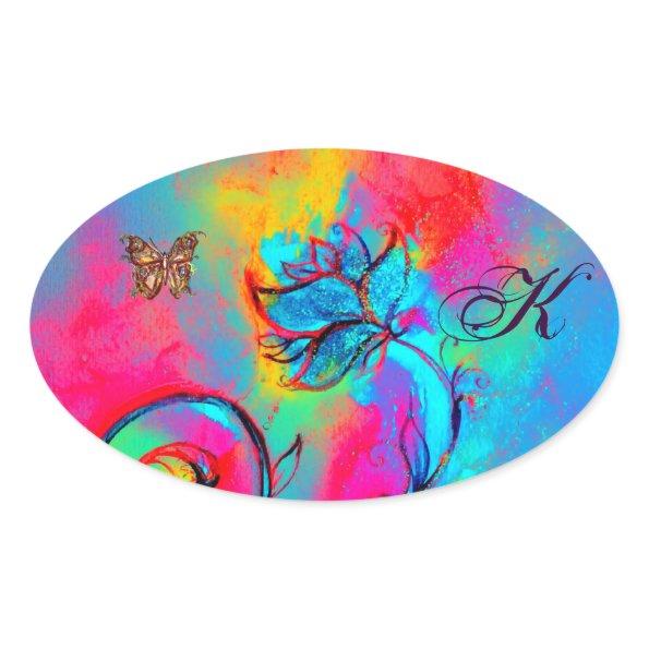 WHIMSICAL FLOWERS, GOLD BUTTERFLY OVALE MONOGRAM OVAL STICKER