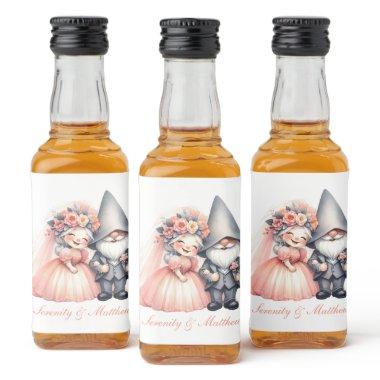 Whimsical Garden Gnome Bride Groom Orange Wedding Liquor Bottle Label