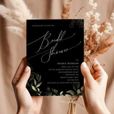 Whimsical Greenery and Gold | Black Bridal Shower Invitations