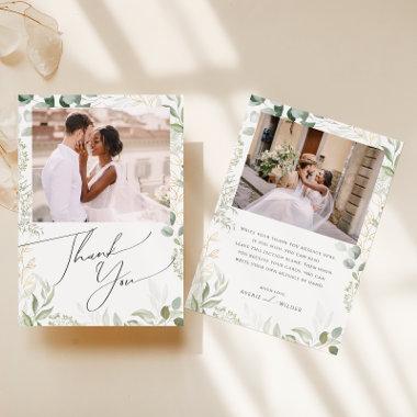 Whimsical Greenery and Gold Flat Photo Thank You Invitations