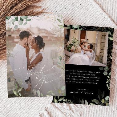 Whimsical Greenery Black and Gold Flat Faded Photo Thank You Invitations