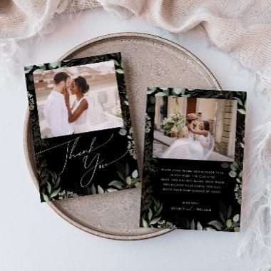 Whimsical Greenery Black and Gold Flat Photo Thank You Invitations