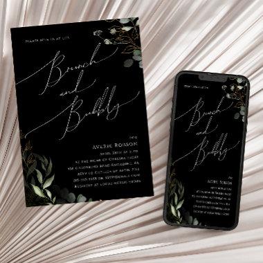 Whimsical Greenery Gold Black Brunch and Bubbly Invitations