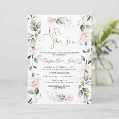 Whimsical Greenery Gold Pink Flowers Bridal Shower Invitations