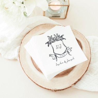 Whimsical Hand Drawn Crest with Monogram Wedding Napkins