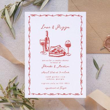 Whimsical Hand Drawn Pizza Wine Couples Shower Invitations
