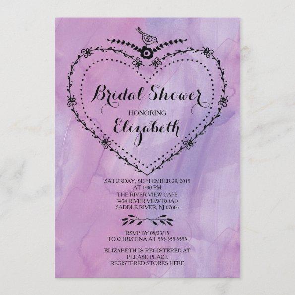 Whimsical Heart Purple Watercolor Bridal Shower Invitations
