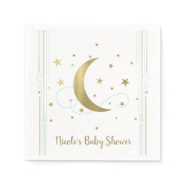 Whimsical Light Blue & Gold Moon Stars Baby Shower Napkins