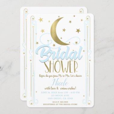 Whimsical Light Blue Gold Moon Stars Bridal Shower Invitations