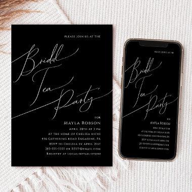 Whimsical Minimalist Script Black Bridal Tea Party Invitations