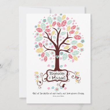 Whimsical Modern Swirl Heart Flower Tree Wedding Invitations