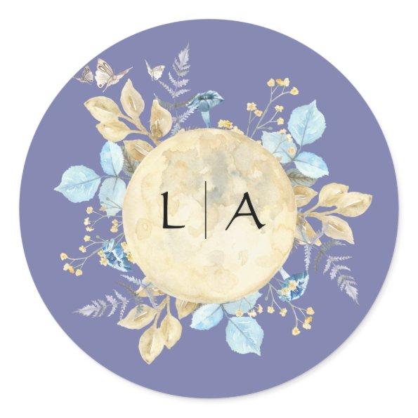 Whimsical Moon Purple Monogram Wedding Sticker