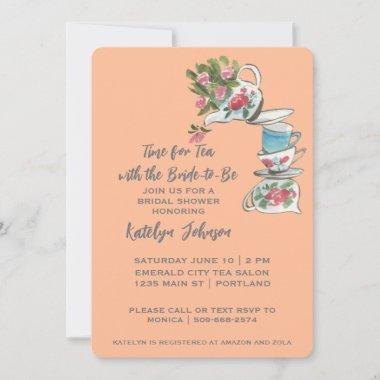 Whimsical Peach Bridal Shower Tea Party Invitations