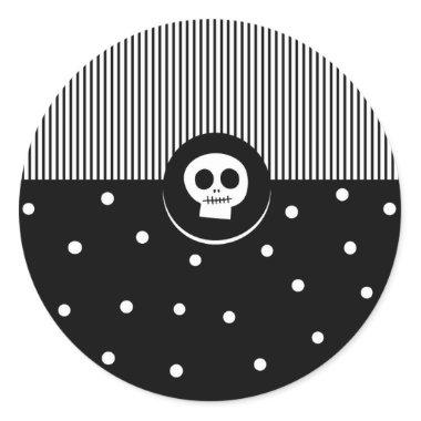 Whimsical Skull Black & White Polka Dots & Stripes Classic Round Sticker