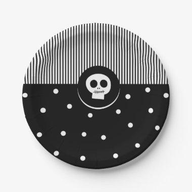Whimsical Skull Black & White Polka Dots & Stripes Paper Plates