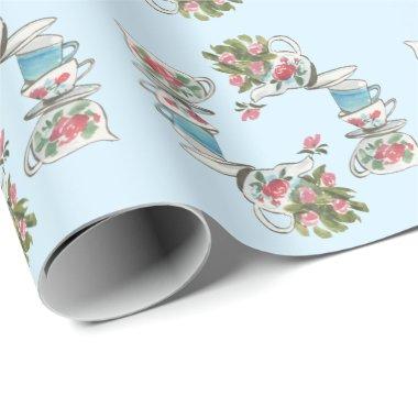 Whimsical Stacked Watercolor Teacups Wrapping Paper