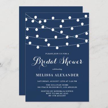 Whimsical String Lights Navy Blue Bridal Shower Invitations